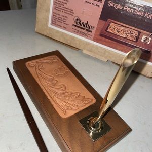 Leather Desk Pen Set with the Initial V Engraved